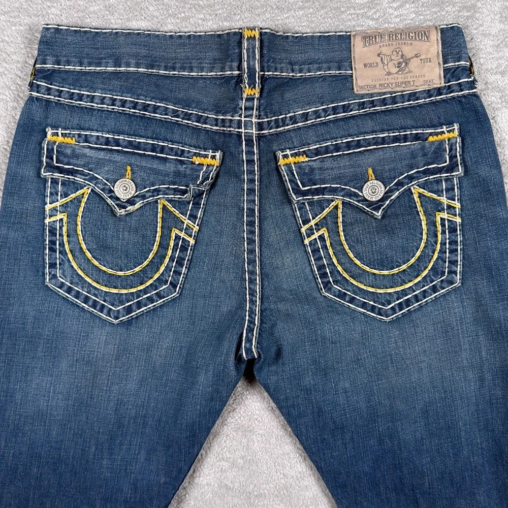 True Religion Jeans Mens 38x34 Ricky Super T Straight Leg Blue Distressed Denim